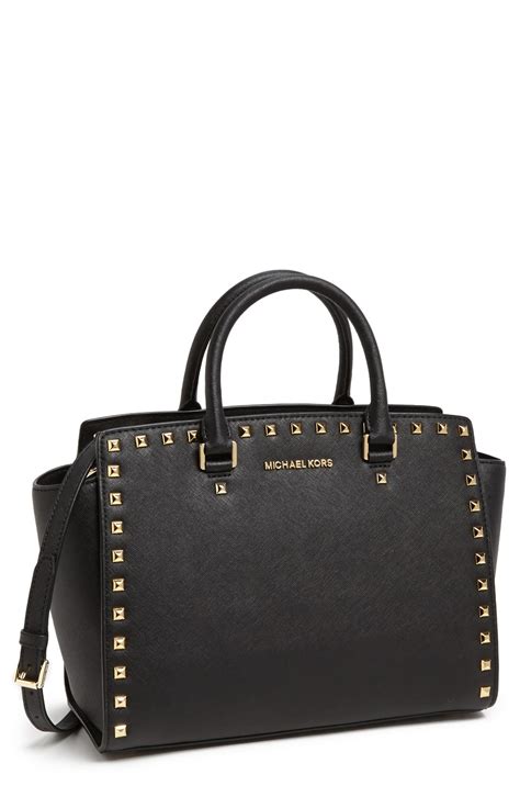 michael kors black satchel stud strip|black leather handbags Michael Kors.